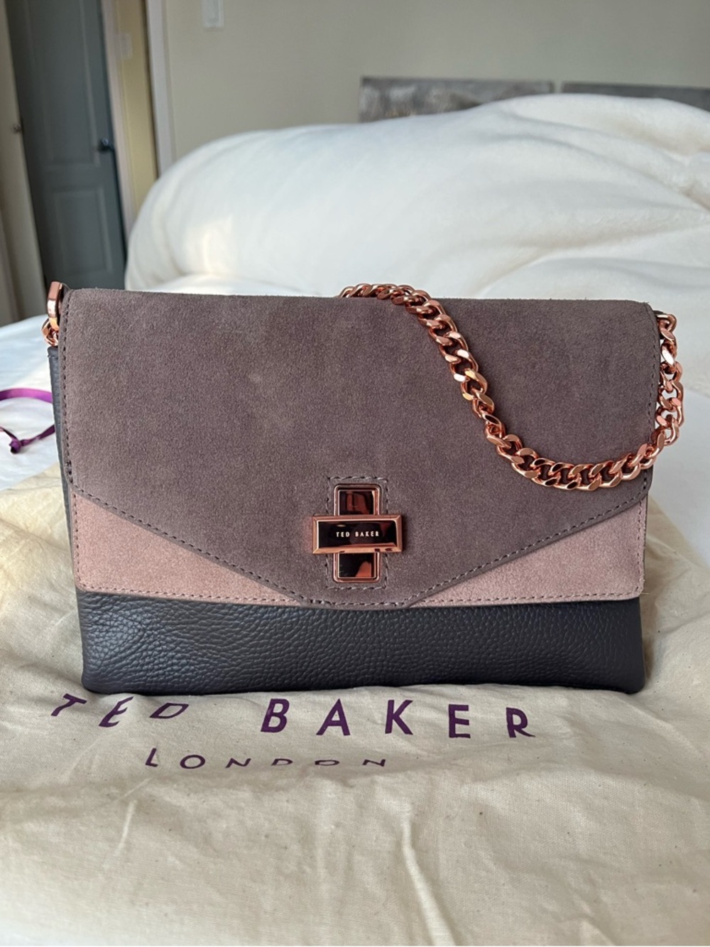 NWOT Ted Baker Suede and leather Colorblock Crossbody Bag